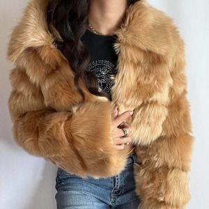 Amazing Faux Fur Tan Cropped Coat/ Faux Fur Cropped Jacket Size Small